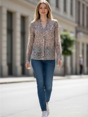 DR2 Beige Leopard Print V-Neck Blouse